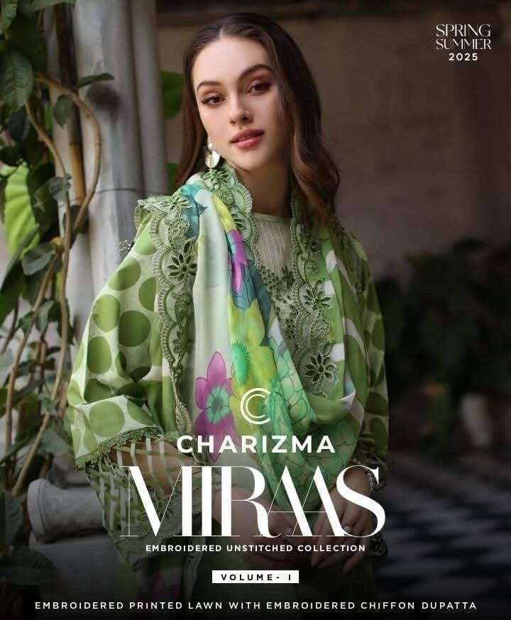 Miraas Unstitched Embroidered Lawn Model And Open 2025 By Charizma